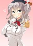  1girl blue_eyes breast_hold breasts epaulettes finger_in_mouth grey_eyes hat jacket kankitsunabe_(citrus) kantai_collection kashima_(kantai_collection) kerchief large_breasts long_hair military military_uniform silver_hair smile solo twintails uniform wavy_hair 