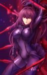  1girl absurdres arm_up bodysuit covered_navel fate/grand_order fate_(series) gae_bolg highres long_hair navel polearm purple_hair red_eyes scathach_(fate/grand_order) shimo_(s_kaminaka) solo spear weapon 
