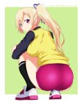  1girl :o ass bangs black_legwear blonde_hair border breasts buruma from_behind green_background hair_intakes highres kawakami_mai kneehighs large_breasts long_hair looking_at_viewer looking_back mole mole_under_eye mudou_eichi musaigen_no_phantom_world shoes side_ponytail simple_background solo squatting violet_eyes 