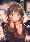  1girl argyle argyle_scarf bag bangs blurry blurry_background blush bokeh brown_hair building city depth_of_field finger_to_cheek food fringe holding_food kinugasa_yuuichi long_hair long_sleeves looking_at_viewer night original outdoors parted_lips pink_lips red_eyes red_scarf scarf shoulder_bag sleeves_folded_up smile solo swept_bangs taiyaki upper_body wagashi 