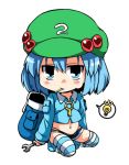  1girl backpack bag blue_eyes blue_hair candy chibi eating hair_bobbles hair_ornament hat kawashiro_nitori lollipop looking_back navel solo spoken_lightbulb striped striped_legwear sugiura thigh-highs touhou twintails wrench 