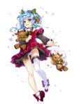  &gt;_&lt; 1girl :3 ass_visible_through_thighs bell blue_hair blush blush_stickers christmas christmas_tree clenched_hand closed_eyes d: dress embarrassed fang full_body fur_trim hair_ornament hairband hieihirai highres holly holly_hair_ornament lace legs long_sleeves looking_at_viewer merry_christmas neck_ribbon object_hug open_mouth original panties pantyshot red_dress red_shoes ribbon sack shoes short_hair_with_long_locks simple_background single_thighhigh solo star stuffed_animal stuffed_reindeer stuffed_toy thigh-highs underwear wavy_mouth white_background white_legwear white_panties wing_collar yellow_eyes 