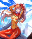  1girl alternate_hairstyle artist_name blue_eyes blue_sky bodysuit colored_eyelashes covered_navel floating_hair hair_tucking headgear highres lens_flare lips long_hair neon_genesis_evangelion orange_hair parted_lips plugsuit sangrde shiny shiny_clothes sitting skin_tight sky small_breasts smile solo souryuu_asuka_langley sunlight twintails very_long_hair watermark web_address wind 