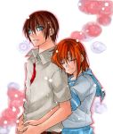  1boy 1girl blue_eyes blush brown_hair closed_eyes couple ginnoturu hetero higurashi_no_naku_koro_ni hug hug_from_behind maebara_keiichi marker_(medium) orange_hair ryuuguu_rena school_uniform serafuku shirt short_hair simple_background smile traditional_media white_shirt 