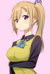  1girl arm_around_waist blonde_hair blush breasts hair_ribbon kawakami_mai kemu_(pixiv463430) large_breasts long_hair looking_at_viewer mole mole_under_eye musaigen_no_phantom_world ribbon school_uniform side_ponytail solo vest violet_eyes 