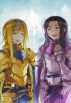  2girls armor blonde_hair character_request closed_eyes gauntlets highres long_hair multiple_girls open_mouth purple_hair rikusempai spaulders sword_art_online 