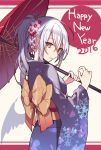  1girl 2016 cowboy_shot fangs floral_print flower from_behind furisode hair_flower hair_ornament hair_up happy_new_year highres hijiri_(resetter) japanese_clothes kanzashi kimono looking_at_viewer new_year obi oriental_umbrella pointy_ears sash silver_hair simple_background sketch solo umbrella white_background yellow_eyes 