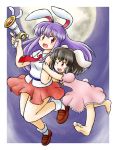  2girls animal_ears barefoot black_hair brown_shoes bunny_tail carrot_necklace commentary_request dress inaba_tewi lunatic_gun multiple_girls necktie nitamago one_eye_closed pink_dress pink_skirt purple_hair rabbit_ears red_eyes reisen_udongein_inaba shirt shoes skirt tail touhou white_shirt 