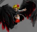  1girl black_skirt black_vest black_wings blonde_hair bow collared_shirt ex-rumia feathered_wings fingernails flying grey_background hair_bow hand_on_own_chest highres large_wings looking_at_viewer looking_down mary_janes nail_polish necktie open_hand outstretched_arm red_eyes red_nails red_necktie red_shoes rumia sharp_fingernails shirt shoes short_hair simple_background skirt smile socks solo touhou unraveling white_legwear white_shirt wings zakozako_y 