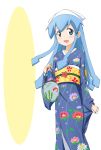  1girl bag blue_eyes blue_hair hat highres ikamusume japanese_clothes kimono kinfuji long_hair shinryaku!_ikamusume squid_hat tentacle_hair 