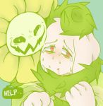  1boy asriel_dreemurr blood crying crying_with_eyes_open dual_persona english evil_smile flower flowey_(undertale) mamaito monster_boy red_eyes shirt smile spoilers striped striped_shirt tears undertale vines 