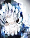  1boy alo_(m-o-k-e-k-e) bandage_over_one_eye blue_eyes blurry collarbone highres male_focus original sharp_teeth silver_hair solo white_skin 