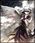  1girl bow bowtie dress jacket kishin_sagume long_sleeves open_clothes purple_dress red_eyes shirt short_hair silver_hair single_wing solo touhou wings zioase 