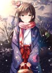  1girl bare_tree brown_eyes brown_hair floral_print highres japanese_clothes long_hair looking_at_viewer miko morerin original scarf snowing solo tree 