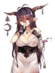  1girl antenna_hair bandages bare_shoulders black_gloves black_hair breasts cleavage danua fingerless_gloves gloves granblue_fantasy horns hsuliherng large_breasts long_hair pointy_ears simple_background solo white_background 