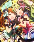  2girls ;d ^_^ ahoge alternate_hairstyle artist_request black_gloves blue_eyes brown_hair closed_eyes gloves green_hair idolmaster idolmaster_million_live! long_hair microphone microphone_stand multiple_girls official_art one_eye_closed open_mouth shimabara_elena side_ponytail singing smile tokoro_megumi 