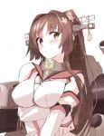  bare_shoulders between_breasts blew_andwhite blush breast_lift brown_eyes brown_hair flower hair_flower hair_ornament highres kantai_collection long_hair looking_at_viewer ponytail rigging simple_background sketch smile type_91_armor-piercing_shell very_long_hair white_background yamato_(kantai_collection) zulu_(naval_flag) 