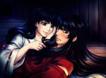  1boy 1girl black_hair blush chin_rest couple dark elena_ivlyushkina embarrassed hair_grab hetero higurashi_kagome inuyasha inuyasha_(character) japanese_clothes light_smile long_hair lying miko parted_lips red_ribbon ribbon wide_sleeves 