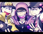  3boys :3 artist_name black_hair brothers brown_eyes cabbie_hat casual chromatic_aberration fingerless_gloves gloves half-closed_eyes hat headphones headphones_around_neck highres hoodie jewelry jitome looking_at_viewer loose_necktie matsuno_ichimatsu matsuno_juushimatsu matsuno_todomatsu multiple_boys necklace necktie nyaph open_mouth osomatsu-kun osomatsu-san pink_necktie shaded_face sharp_teeth siblings smile surgical_mask urban v vest 