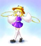  1girl blonde_hair hat moriya&#039;s_iron_rings moriya_suwako nitamago purple_skirt skirt solo thigh-highs touhou white_legwear yellow_eyes 