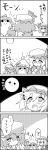  2girls 4koma =d ? arms_up bat_wings cirno comic commentary_request eating flandre_scarlet food hat highres mob_cap mochi monochrome moon multiple_girls open_mouth remilia_scarlet side_ponytail smile spoken_question_mark tani_takeshi touhou translation_request wagashi wings yukkuri_shiteitte_ne |_| 