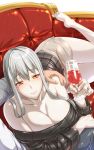  1girl alcohol bare_shoulders breasts cleavage couch cup drinking_glass ebido highres large_breasts long_hair pov ribbed_sweater senjou_no_valkyria silver_hair smile solo_focus sweater thighs wine wine_glass 