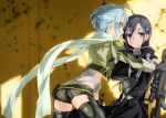  1boy 1girl androgynous anti-materiel_rifle black_eyes black_hair black_legwear black_shorts blue_eyes blue_hair bolt_action gun highres kirito long_hair pgm_hecate_ii rifle rikusempai scope shinon_(sao) short_shorts shorts sniper_rifle sword_art_online thigh-highs weapon 