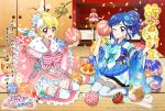  2girls aikatsu! aikatsu!_photo_on_stage!! blonde_hair blue_eyes blue_hair happy_new_year highres hoshimiya_ichigo idol japanese_clothes kimono kiriya_aoi looking_at_viewer multiple_girls new_year official_art one_eye_closed smile translated 