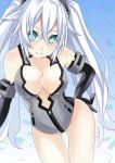  1girl bare_shoulders black_heart blush breasts cleavage elbow_gloves gloves leotard long_hair looking_at_viewer mikan_no_shiru neptune_(series) noire open_mouth smile solo symbol-shaped_pupils twintails very_long_hair white_hair 