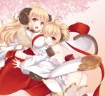  2girls :d anchira_(granblue_fantasy) anila_(granblue_fantasy) bare_shoulders blonde_hair blush breasts cleavage gloves granblue_fantasy horns long_hair looking_at_viewer monkey_tail multiple_girls nu_(ukskuj) one_eye_closed open_mouth red_eyes short_hair smile tail thigh-highs white_gloves white_legwear yellow_eyes 