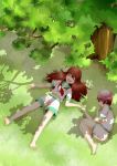  2girls ahoge barefoot brown_hair closed_eyes commentary_request dappled_sunlight fetal_position from_above grass holding_hands kantai_collection kuma_(kantai_collection) long_hair lying multiple_girls neckerchief no_shoes on_back on_side open_mouth outdoors pink_hair school_uniform serafuku shade short_hair shorts sleeping so-ichi tama_(kantai_collection) tree 