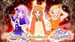  3girls aikatsu! aikatsu!_photo_on_stage!! antlers blonde_hair brown_hair candy candy_cane christmas costume hikami_sumire long_hair merry_christmas multiple_girls official_art oozora_akari open_mouth purple_hair shinjou_hinaki smile violet_eyes 