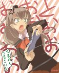  &gt;:o 1girl :o anger_vein angry brown_hair cable commentary_request controller game_console game_controller god@man green_eyes hair_ornament highres kantai_collection kumano_(kantai_collection) long_hair long_sleeves open_mouth ponytail school_uniform solo super_famicom translation_request twitter_username 