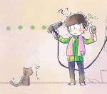  ... 1boy :&lt; ?? blush brown_hair cat drying_hair hair_dryer hoodie looking_down male_focus matsuno_choromatsu osomatsu-kun osomatsu-san standing tan_background 