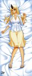  1girl blonde_hair breasts brown_eyes cleavage dakimakura dark_skin highres horn huge_breasts jadenkaiba long_hair looking_at_viewer monster_girl monster_musume_no_iru_nichijou ogre pointy_ears sandals skirt smile solo tionishia 