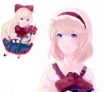  1girl alice_margatroid bangs blonde_hair blue_dress blue_eyes blurry blush bow capelet dress floating flower frilled_dress frills hair_bow hairband holding holding_flower hyeon_ji long_hair looking_at_another open_mouth shanghai_doll short_hair simple_background smile solo touhou very_long_hair violet_eyes white_background wristband 