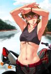  1girl abs bicycle blonde_hair breasts feguimel highres lips long_hair navel original small_breasts solo stomach tattoo under_boob violet_eyes 
