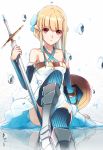  1girl armored_boots blonde_hair blue_legwear detached_sleeves dress holding_sword holding_weapon looking_at_viewer original phantania pixiv_fantasia pixiv_fantasia_new_world red_eyes shield solo strapless_dress sword thigh-highs weapon white_dress 