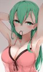  1girl arms_up breasts cleavage cole green_eyes green_hair kantai_collection lingerie long_hair mouth_hold negligee solo suzuya_(kantai_collection) underwear 
