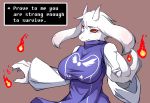  1girl animal_ears black_sclera breasts claws commentary dream_demon english fang fire furry goat_ears horns large_breasts pixelated red_eyes snout solo text toriel undertale white_hair 