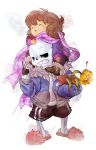  1boy :o androgynous ankle_boots black_sclera boots breath brown_hair chestnut_mouth closed_eyes daffupanda flower flower_pot flowey_(undertale) frisk_(undertale) full_body fume fur_trim glowing glowing_eyes holding holding_phone hooded_jacket hoodie long_sleeves person_on_head piggyback pink_scarf plant potted_plant sans scarf short_hair shorts simple_background skeleton slippers standing striped striped_sweater sweater teeth turtleneck undertale unzipped white_background winter_clothes zipper 