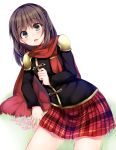  1girl blush brown_hair cape character_request eyebrows_visible_through_hair final_fantasy final_fantasy_type-0 grass green_eyes kamanatsu long_hair long_sleeves open_mouth plaid plaid_skirt red_skirt school_uniform simple_background sitting skirt solo white_background 