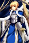  ahoge armor artist_request blonde_hair breastplate dress excalibur fate/stay_night fate_(series) fur-trimmed_cape gauntlets green_eyes highres saber 