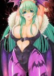  1girl arms_up blue_eyes breasts capcom demon_girl demon_wings green_hair head_wings highres large_breasts long_hair looking_at_viewer maru-pen morrigan_aensland open_mouth solo vampire_(game) very_long_hair wings 