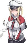  1girl blonde_hair blue_eyes blush breast_poke breasts capelet commentary_request gloves graf_zeppelin_(kantai_collection) grey_eyes hair_between_eyes hat kantai_collection large_breasts long_hair miniskirt peaked_cap poking sidelocks skirt solo_focus sweatdrop trembling twintails uniform youkan 