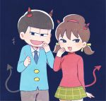  1boy 1girl ayu_(mog) black_eyes black_hair bow brown_eyes brown_hair demon_horns demon_tail fang formal hair_bow hairband horns low_twintails lowres matsuno_osomatsu necktie open_mouth osomatsu-kun osomatsu-san skirt smile suit tail twintails yowai_totoko 