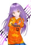  1girl haruchika homura_chika long_hair musical_note product_placement purple_hair skirt smile sportswear staff_(music) volleyball_uniform yellow_eyes 