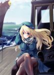  1girl aircraft_carrier atago_(kantai_collection) battleship beret black_gloves blonde_hair boat breasts crossed_legs gloves green_eyes hat highres kantai_collection kousaka_yami large_breasts lips long_hair military military_uniform ocean pantyhose ship short_hair sitting solo uniform warship 