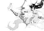  1girl absurdres animal_ears arrow black_hair bow_(weapon) greyscale highres monochrome oku_hideki one_eye_closed solo tail tan_skin thigh-highs tongue tongue_out weapon 