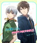  2boys aki_(neyuki41028) black_hair brown_eyes crossover dated gloves hoodie ishikawa_kaito kihara_tsumugu ledo_(suisei_no_gargantia) male_focus multiple_boys nagi_no_asukara seiyuu_connection short_hair silver_hair squirrel suisei_no_gargantia violet_eyes 